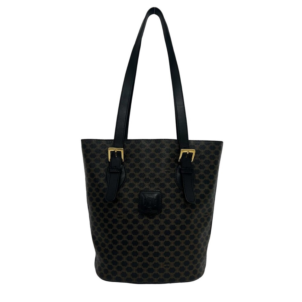 CELINE Vintage Macadam Blazon Logo Pattern Leather Tote Bag Handbag Black Bro...